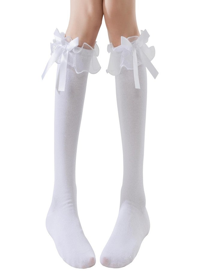 AMHRLINGTO Women's Lace Ruffle Frilly Ankle Socks - Girl Cotton Knee High Socks with Bow Lace Ruffle Trim (Cotton, White-2 Pairs) - Image 1